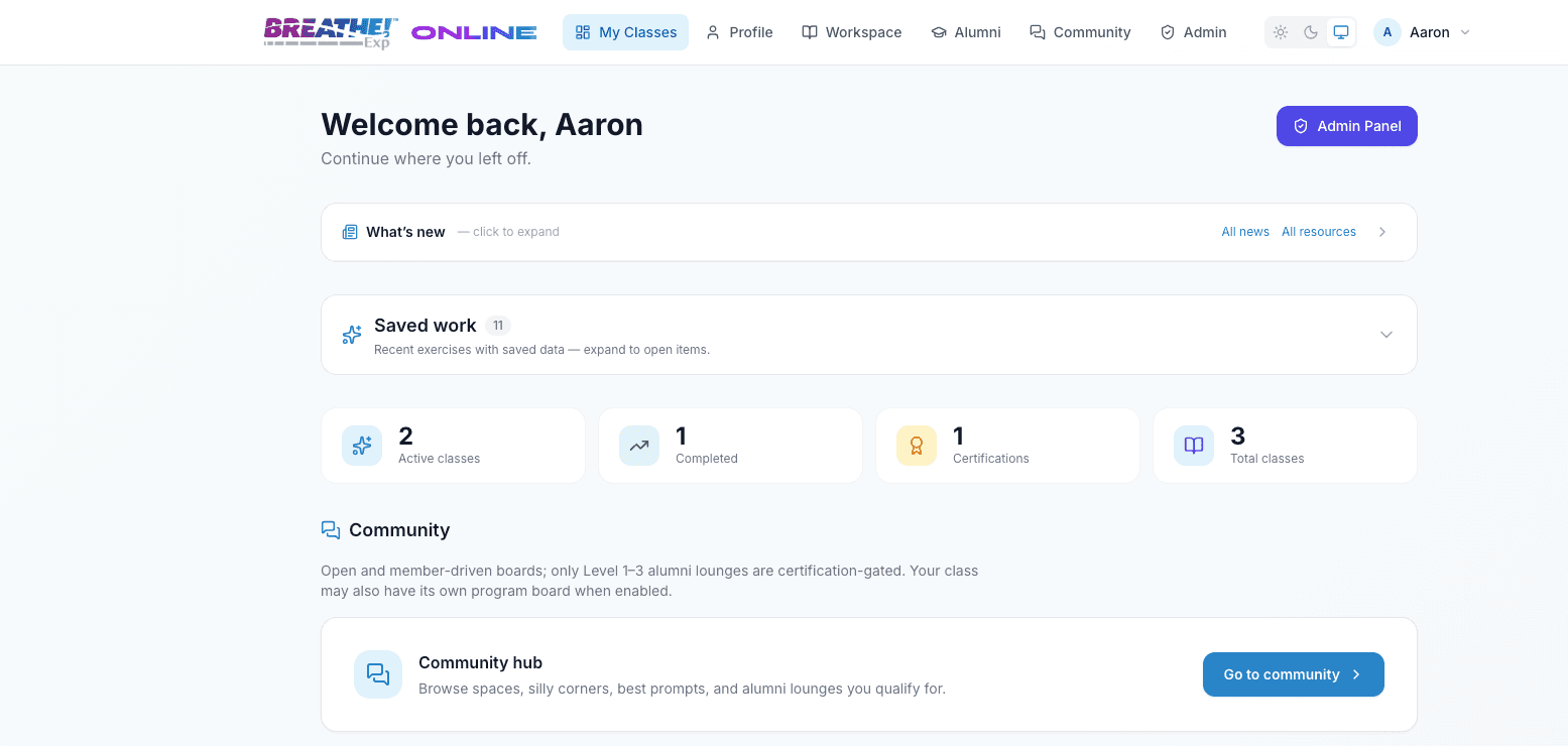 Preview of the portal dashboard — Welcome back greeting, What's New, Saved work, and a stats grid